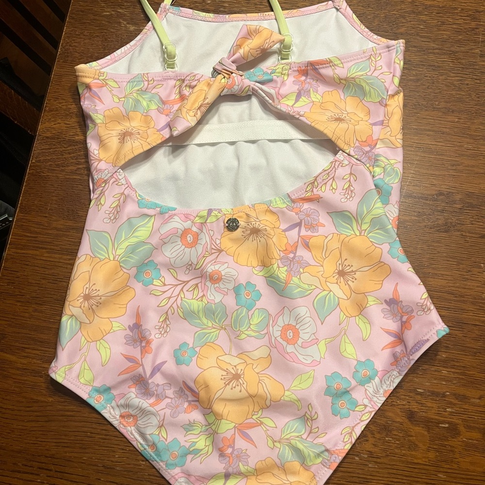 Justice Floral Girls Cute One Piece Swimsuit L 12/14 Swimwear Tie Detail at Back - Picture 9 of 11